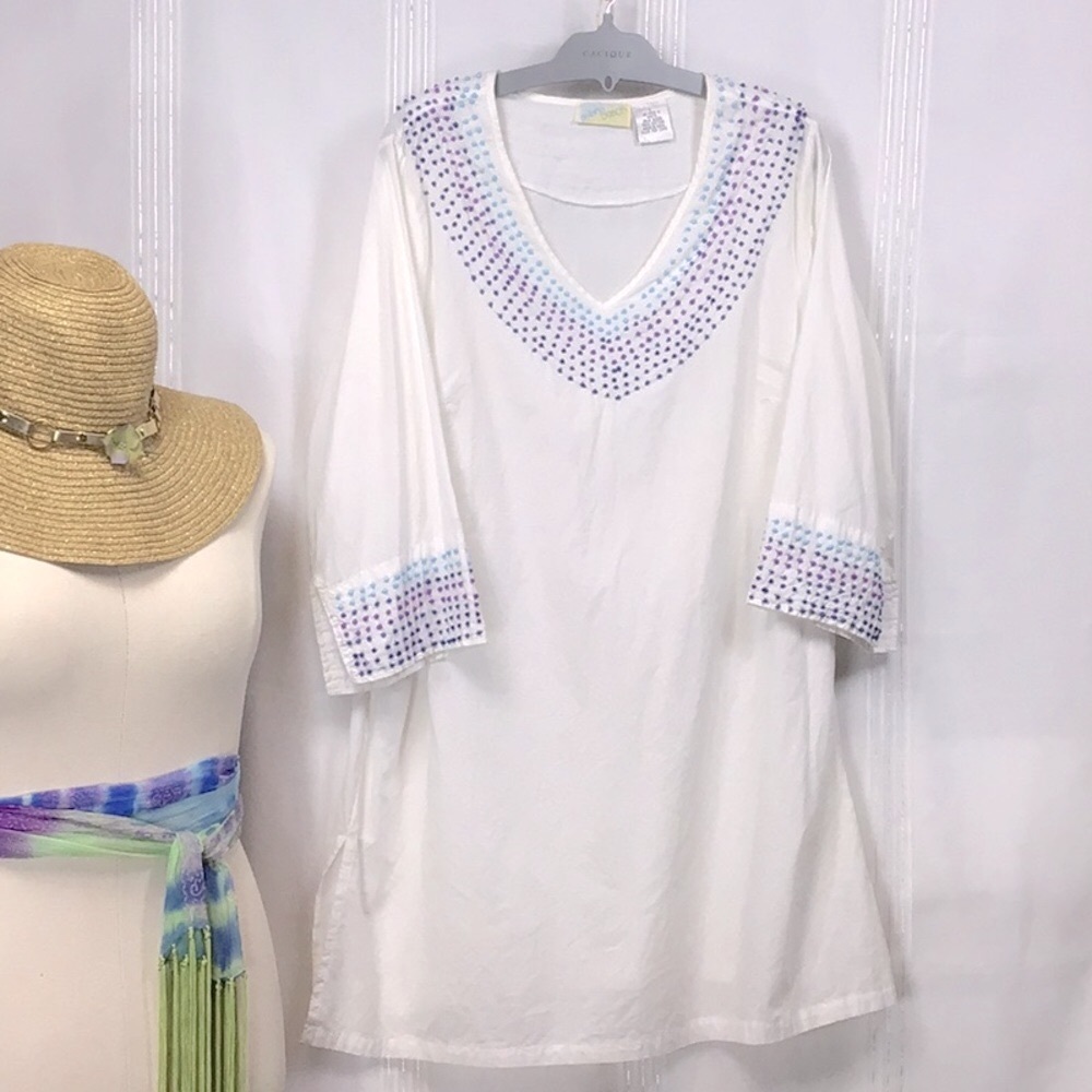 VTG 🏖️ Brylane Beach White Semi Sheer Cotton Beaded V-Neck Coverup Sz.L